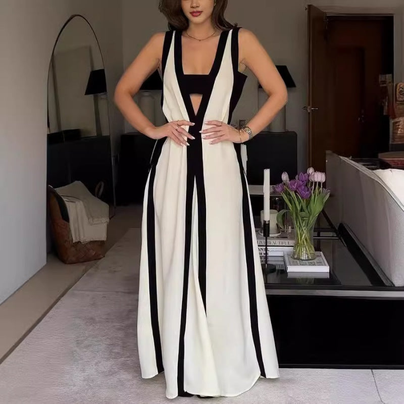 Women's Sexy V-Neck Color Clash Sleeveless Dresses